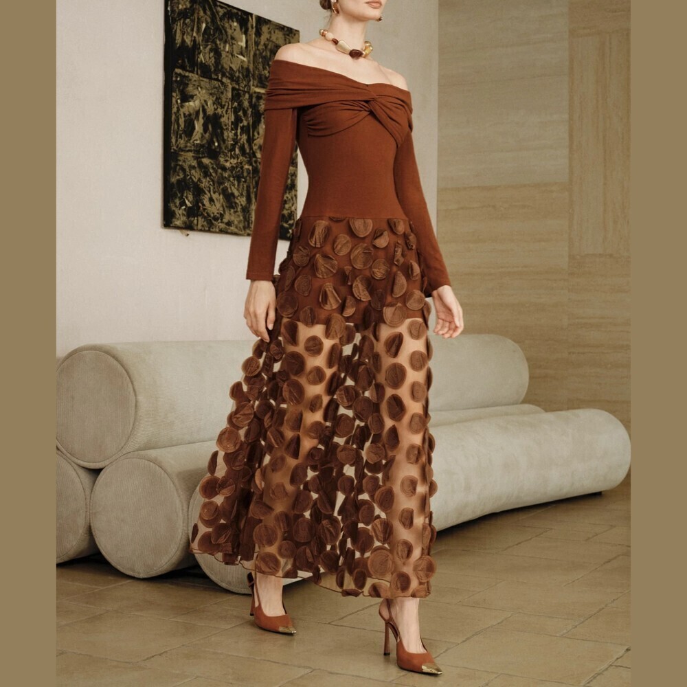 Rust Brown Off Shoulder Twist Front Circle Petal Applique Sheer Maxi Dress